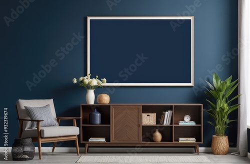 Mockup frame on cabinet in living room interior on empty dark blue wall background