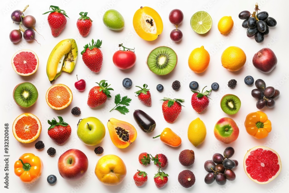 Colorful arrangement of various fruits and vegetables in a circular pattern, ideal for health and wellness concepts or food-related designs Colorful arrangement of various fruits and vegetables in a circular pattern, ideal for health and wellness concepts or food-related designs