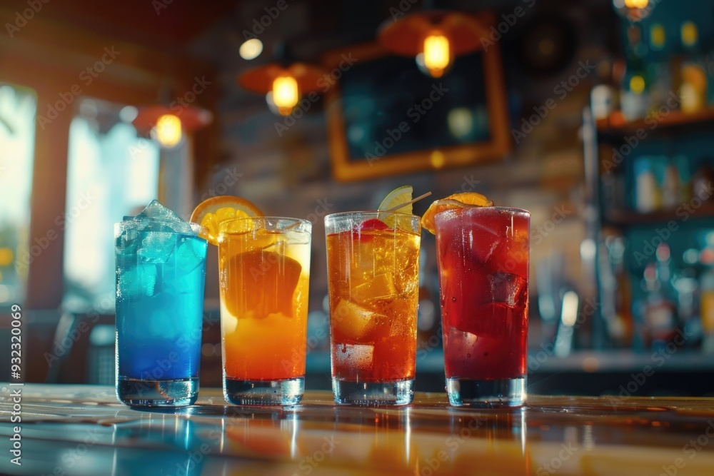 Four colorful cocktails on a bar counter, perfect for a party or event Four colorful cocktails on a bar counter, perfect for a party or event