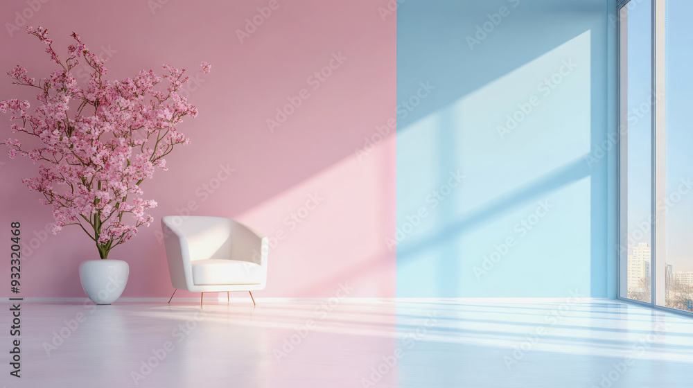 Φωτογραφία white armchair and vase with pink flowers in a room with a pink and light blue w
