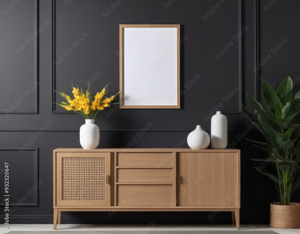 Mockup frame on cabinet in living room interior on empty dark wall background Mockup frame on cabinet in living room interior on empty dark wall background