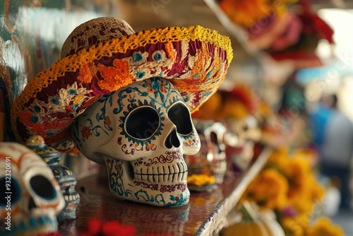 during the Day of the Deads in Mexico a vibrant skull adorned with intricate designs and a sombrero is showcased among festive decorations at a marketplace.