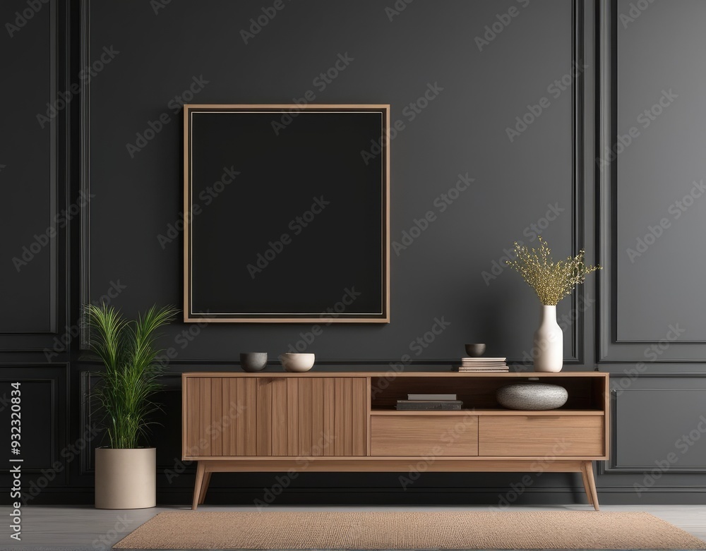 Mockup frame on cabinet in living room interior on empty dark wall background Mockup frame on cabinet in living room interior on empty dark wall background