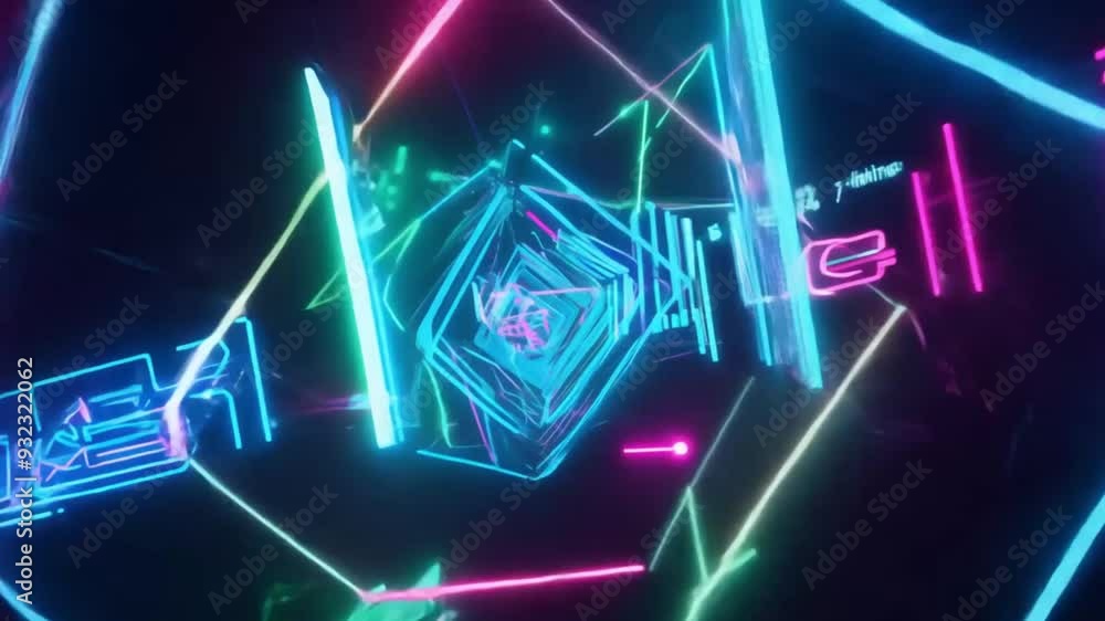 Futuristic neon geometric shapes creating a dynamic 3D pattern in a virtual reality space.