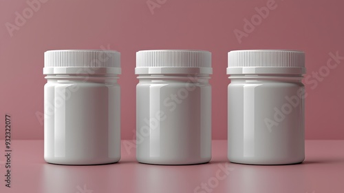 Three White Pill Bottles On Pink Background.