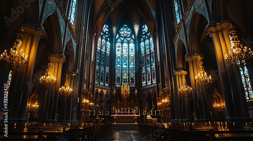Interior of a grand church featuring stained glass windows and ornate chandeliers.