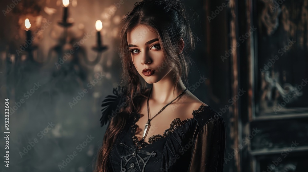 A woman dressed as a medieval witch gazes mysteriously in a dimly lit, candle-filled environment A woman dressed as a medieval witch gazes mysteriously in a dimly lit, candle-filled environment
