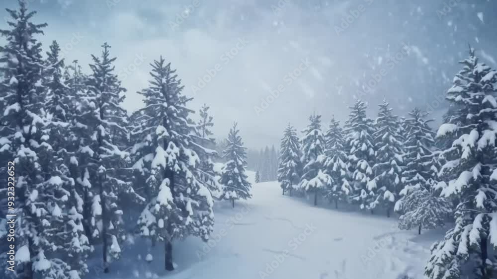Snow-covered pine trees line a quiet winter trail under a serene snowy sky. Snow-covered pine trees line a quiet winter trail under a serene snowy sky.