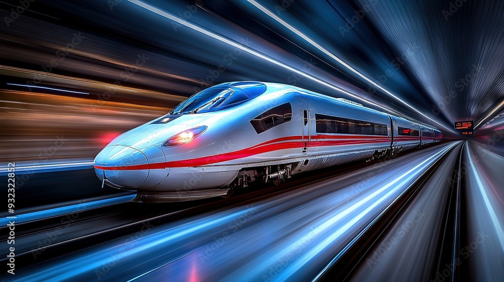 High-speed bullet train rapidly moving through blue and red light-filled tunnel, emitting bright streaks from its front High-speed bullet train rapidly moving through blue and red light-filled tunnel, emitting bright streaks from its front