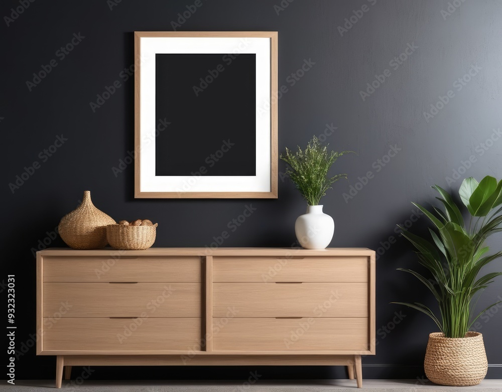 Mockup frame on cabinet in living room interior on empty dark wall background Mockup frame on cabinet in living room interior on empty dark wall background