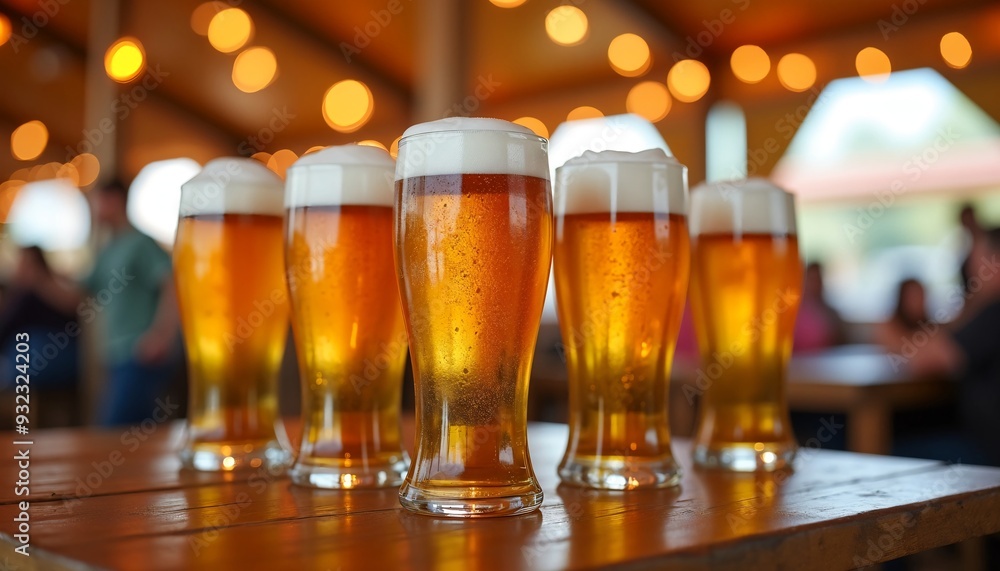 Five Beer Mugs on wooden table, traditional german oktoberfest holiday celebration Five Beer Mugs on wooden table, traditional german oktoberfest holiday celebration