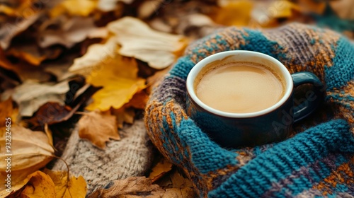 composition for autumn. Coffee cup with a bright, warm, autumnal scarf and the dry leaves outside. Autumnal way of life. Outdoor activities