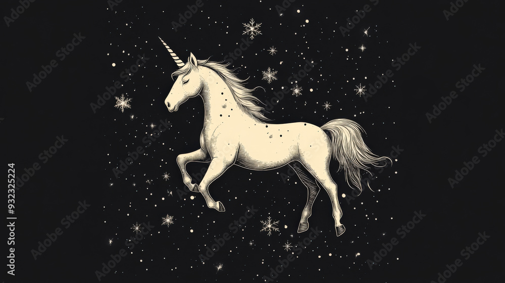 unicorn with a few small, delicate snowflakes around it, on a light or dark background unicorn with a few small, delicate snowflakes around it, on a light or dark background