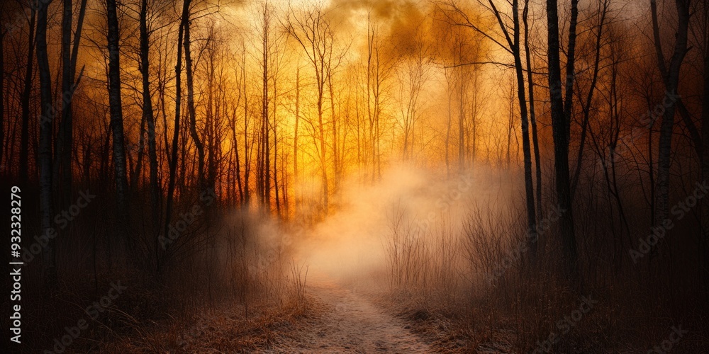 Misty Forest with Warm Sunlight Breaking Through Bare Trees at Sunrise Misty Forest with Warm Sunlight Breaking Through Bare Trees at Sunrise