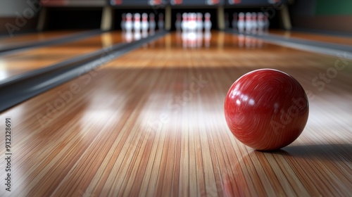 Generic Bowling Alley lanes with a wooden bowling floor and a bowling ball moving in the direction of the pins