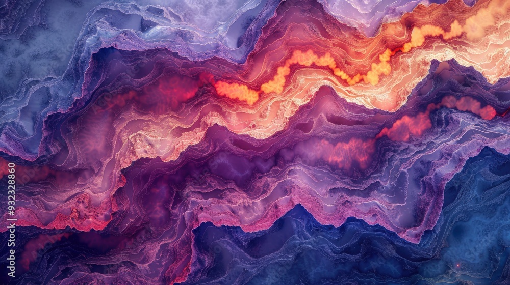 Craft an abstract microscopic landscape showcasing stunning color formations. Focus on creating an engaging visualization that combines scientific and artistic elements Craft an abstract microscopic landscape showcasing stunning color formations. Focus on creating an engaging visualization that combines scientific and artistic elements