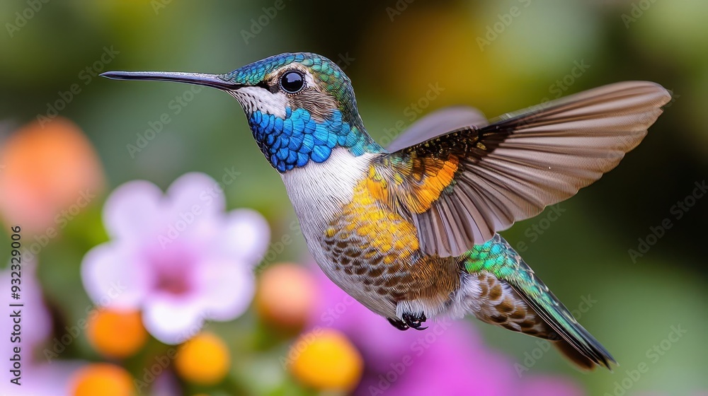 Fototapeta premium a dazzling hummingbird hovers midflight its iridescent plumage shimmering against pure white wings blur in motion capturing the grace and energy of this tiny avian wonder