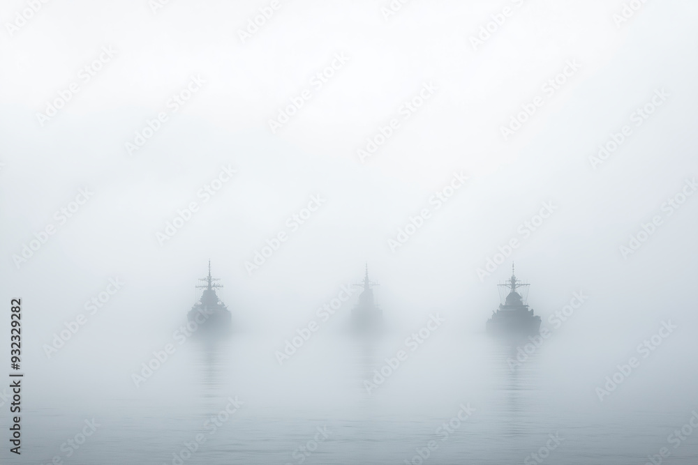 Fototapeta premium Three ships are in the foggy water
