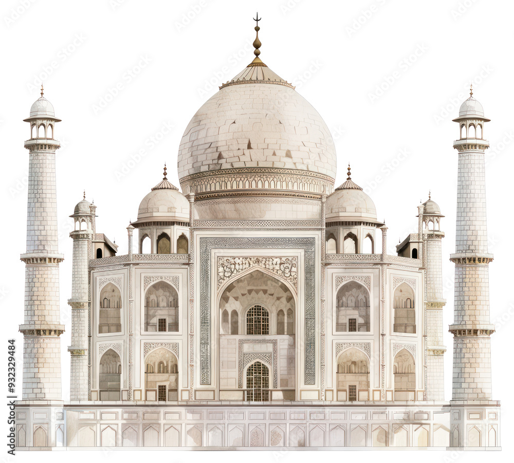 Obraz premium PNG flat front view high detail clean watercolor illustration of the *Taj Mahal * on ,realistic, paper texture, isolated on white background --v 6.0 --no splatter