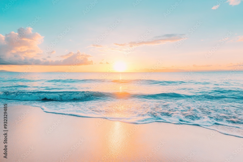 Tranquil Sunset Over Calm Ocean Waves Hitting Sandy Shoreline Photographed in Golden Hour Light Tranquil Sunset Over Calm Ocean Waves Hitting Sandy Shoreline Photographed in Golden Hour Light