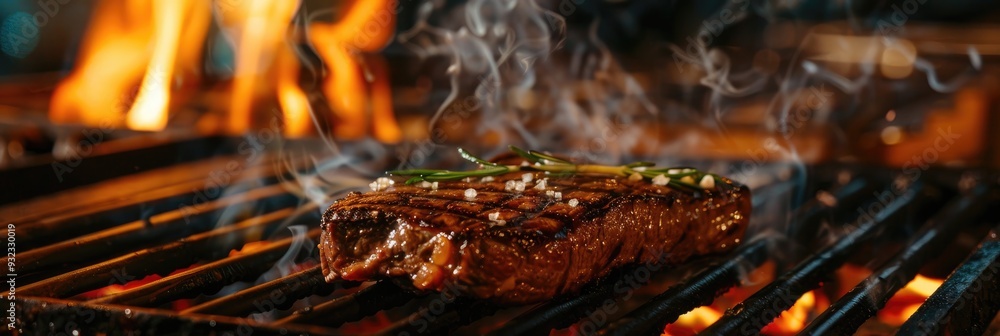 Striploin steak being grilled over fire on a professional pan Delicious cut of meat seared amidst flames in a premium meat eatery Top tier image Striploin steak being grilled over fire on a professional pan Delicious cut of meat seared amidst flames in a premium meat eatery Top tier image