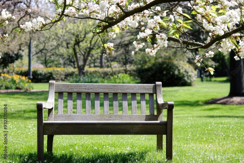 Tranquil Wooden Bench Under Blossoming Tree in Sunlit Spring Park Tranquil Wooden Bench Under Blossoming Tree in Sunlit Spring Park