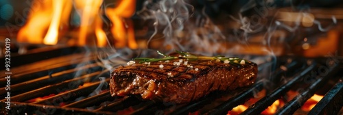 Striploin steak being grilled over fire on a professional pan Delicious cut of meat seared amidst flames in a premium meat eatery Top tier image