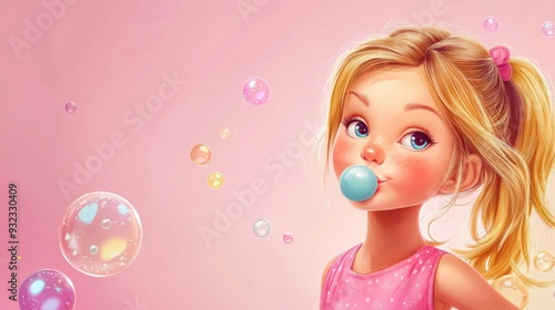 Adorable cartoon girl in pink stretching chewing gum and blowing colorful bubbles