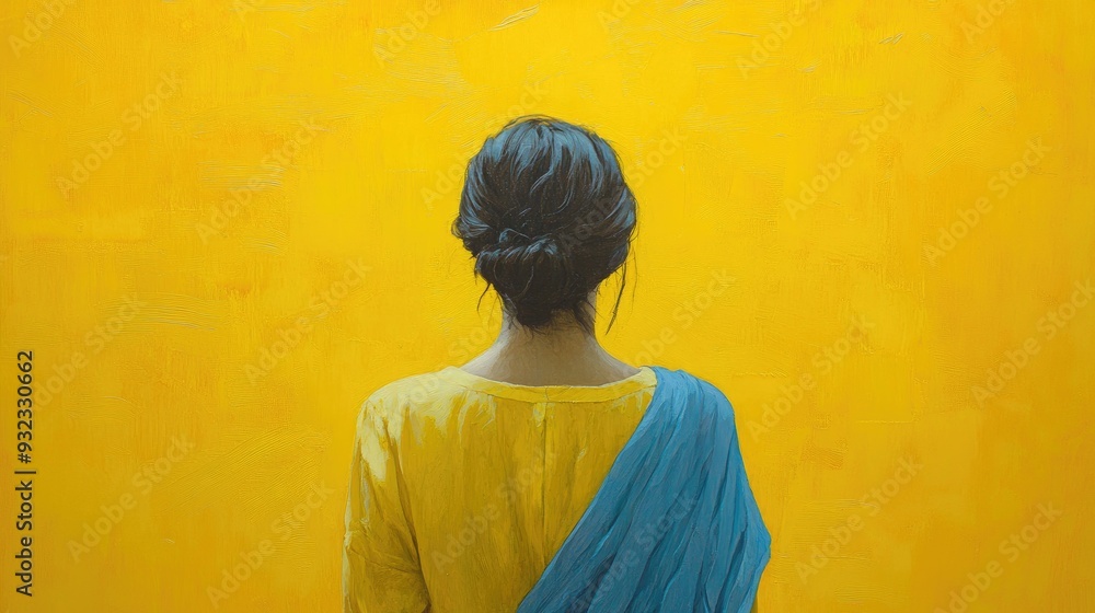 Character facing away from the viewer on a vibrant yellow backdrop Figure adorned with a blue yellow fabric draped over her shoulders Character facing away from the viewer on a vibrant yellow backdrop Figure adorned with a blue yellow fabric draped over her shoulders