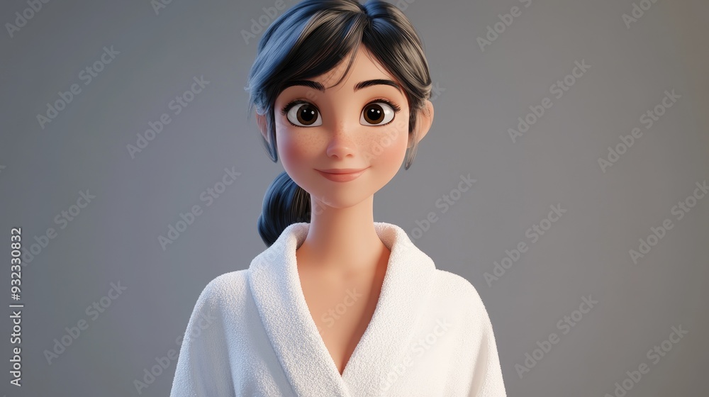 Charming 3D Cartoon Lady in Cozy White Bathrobe Against Soft Gray Backdrop Charming 3D Cartoon Lady in Cozy White Bathrobe Against Soft Gray Backdrop