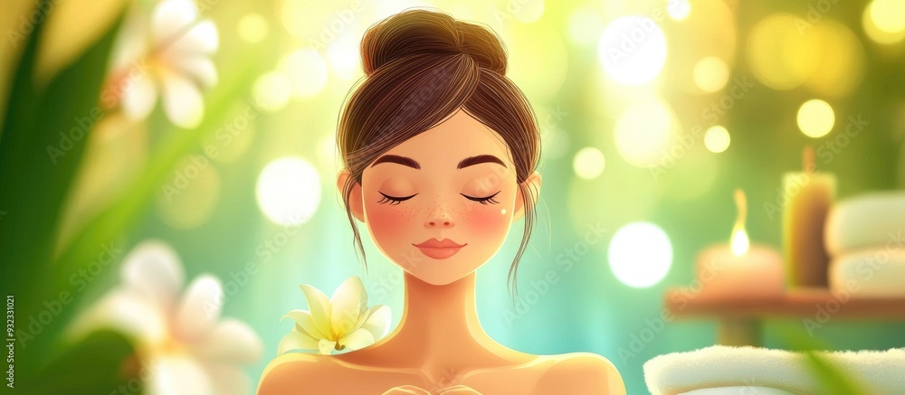 Charming cartoon lady with closed eyes enjoying a relaxing massage in a colorful spa setting Charming cartoon lady with closed eyes enjoying a relaxing massage in a colorful spa setting