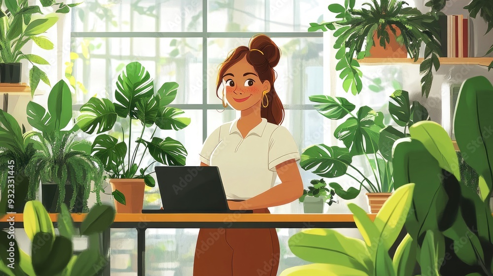 Cheerful cartoon businesswoman surrounded by vibrant green plants in a cozy indoor space Cheerful cartoon businesswoman surrounded by vibrant green plants in a cozy indoor space