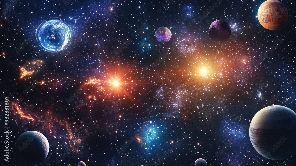 2D illustration featuring a realistic star pattern set in deep space Includes various celestial elements like stars planets and moons creating imaginative sci fi backdrops 2D illustration featuring a realistic star pattern set in deep space Includes various celestial elements like stars planets and moons creating imaginative sci fi backdrops