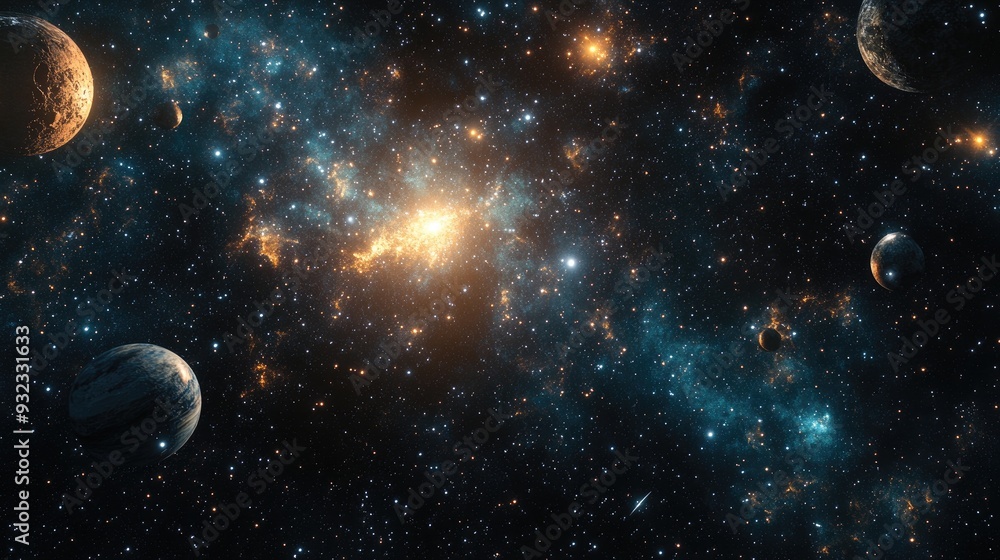 2D illustration featuring a realistic starry background in an empty interstellar space Bright stars planets and moons create imaginative cosmic scenery for science fiction themes 2D illustration featuring a realistic starry background in an empty interstellar space Bright stars planets and moons create imaginative cosmic scenery for science fiction themes