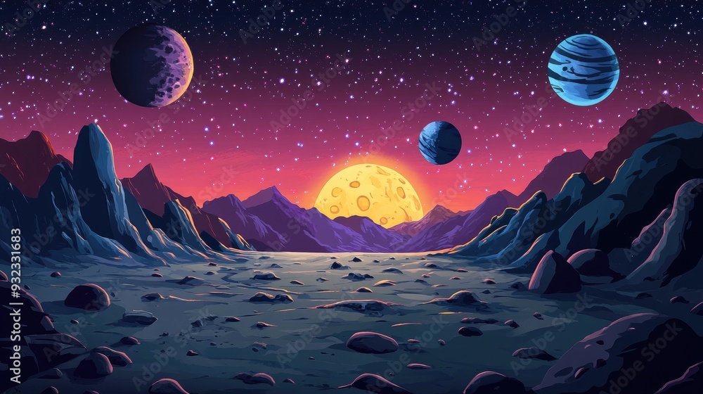 2D illustration in a cartoon style featuring a vast space scene Includes stars planets moons and imaginative science fiction backdrops showcasing alien solar systems 2D illustration in a cartoon style featuring a vast space scene Includes stars planets moons and imaginative science fiction backdrops showcasing alien solar systems
