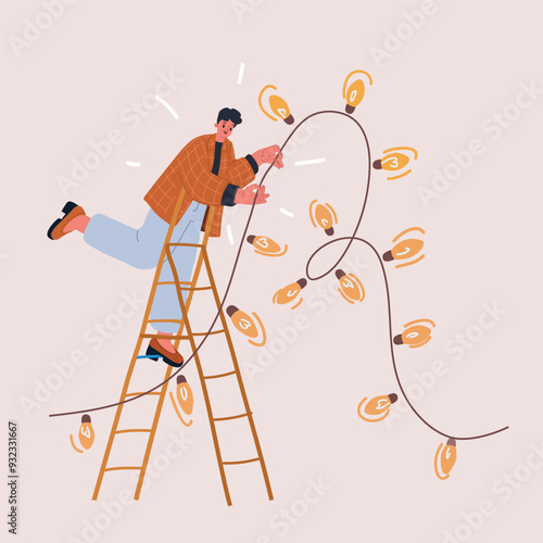 Cartoon vector illustration of woman decorating room with garland of light bulbs. New Year or Christmas card