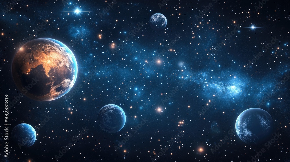 2D illustration of a realistic star pattern in deep space featuring stars planets and moons Ideal for science fiction creative backdrops and imaginative cosmic art 2D illustration of a realistic star pattern in deep space featuring stars planets and moons Ideal for science fiction creative backdrops and imaginative cosmic art