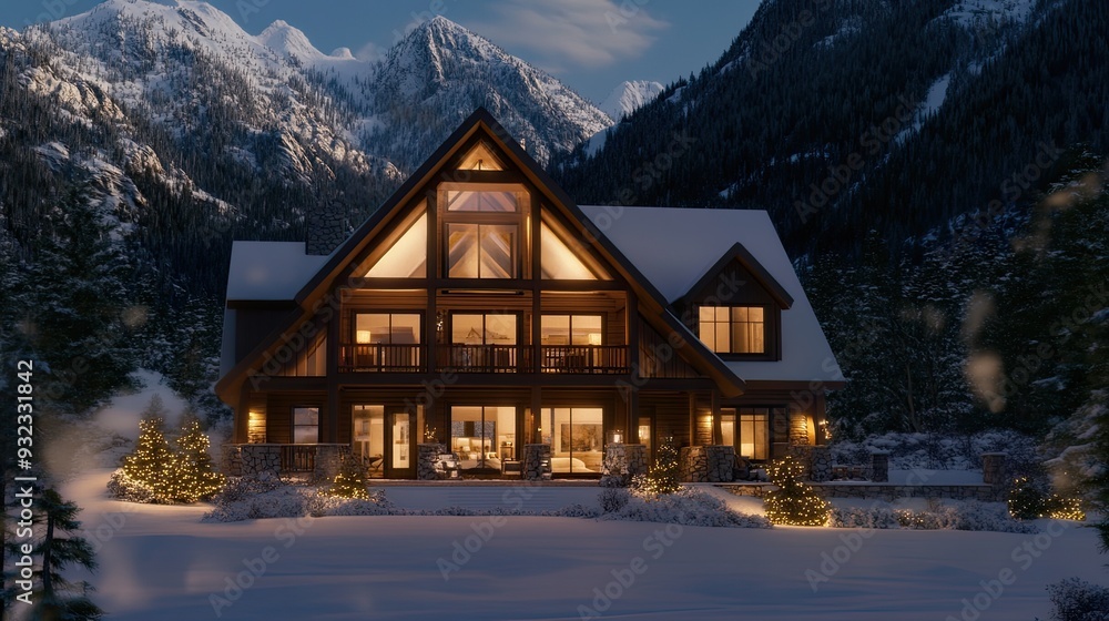 Fototapeta premium A warm cabin glows softly in a snowy mountain landscape, surrounded by tranquil trees, creating a peaceful winter ambiance at night