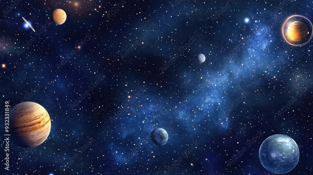 2D illustration of a realistic star pattern in deep space featuring stars planets and moons Ideal for science fiction creative backdrops and imaginative cosmic art 2D illustration of a realistic star pattern in deep space featuring stars planets and moons Ideal for science fiction creative backdrops and imaginative cosmic art