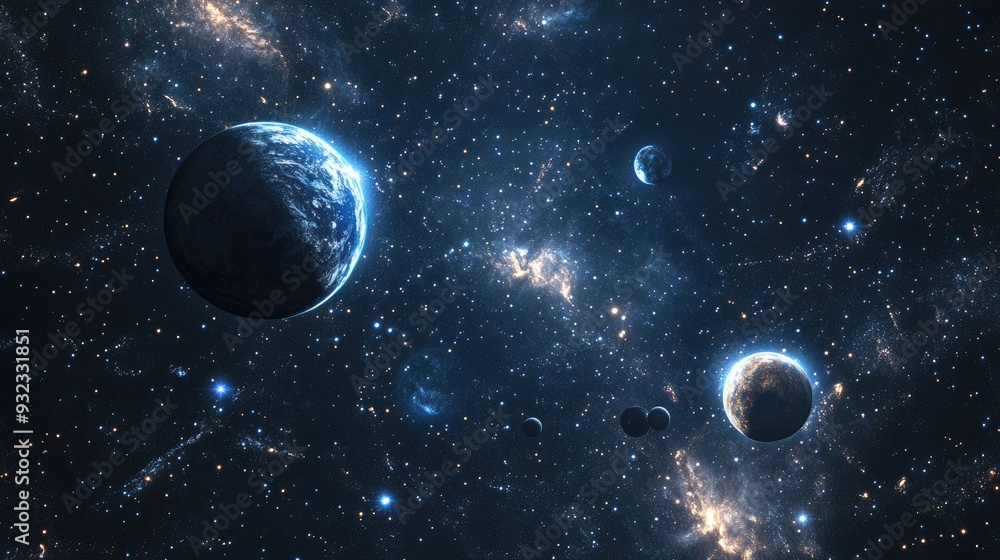 2D illustration of a realistic starry background in empty interstellar space featuring bright stars planets and moons ideal for various sci fi creative contexts and space art 2D illustration of a realistic starry background in empty interstellar space featuring bright stars planets and moons ideal for various sci fi creative contexts and space art