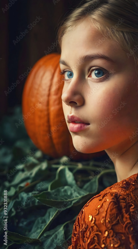 Halloween portrait of beautiful young girl with blue eyes and pumpkin in background, fashion, festive people