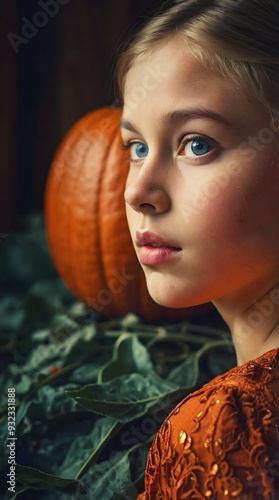 Obraz na płótnie Halloween portrait of beautiful young girl with blue eyes and pumpkin in background, fashion, festive people w salonie