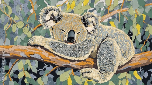   A depiction of a koala lounging atop a tree limb with its noggin propped against another branch