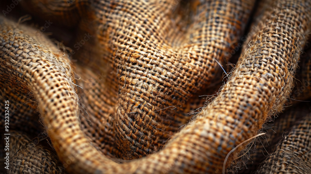 Close up of a coarse burlap fabrics fibers the rustic tactile quality lending a warm natural feel to the background Close up of a coarse burlap fabrics fibers the rustic tactile quality lending a warm natural feel to the background
