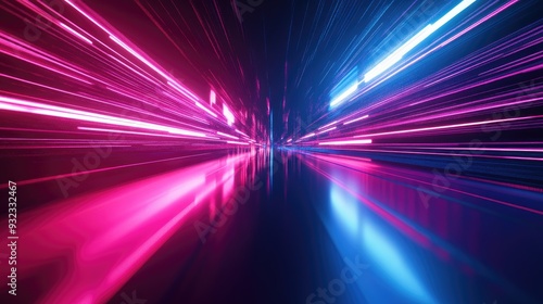 3D abstract technology background featuring glowing neon lights and fast moving lines creating a futuristic scene with reflective elements and empty space for virtual reality mock ups