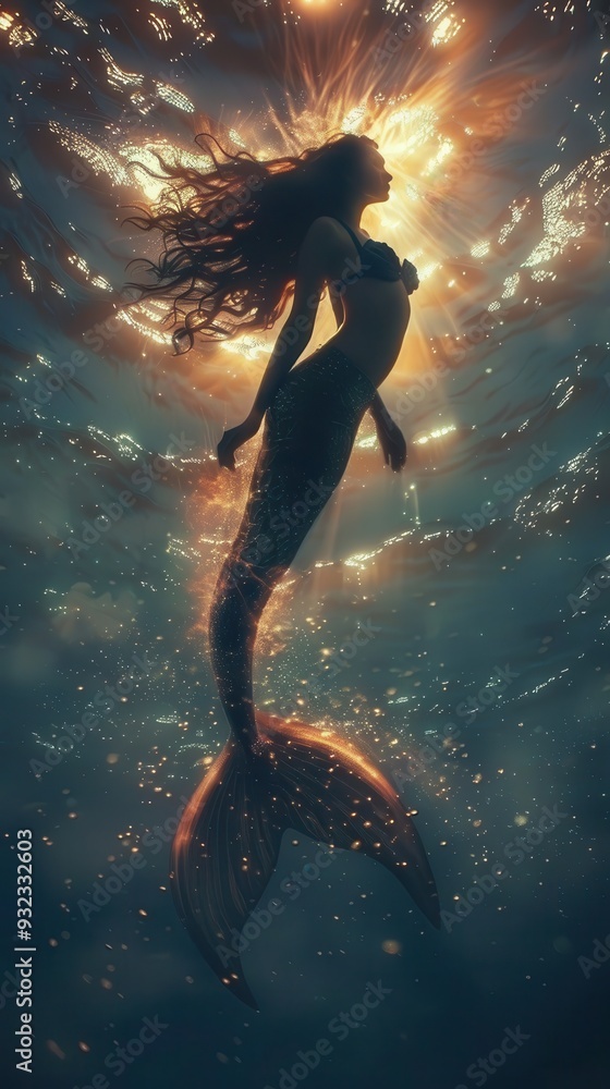Naklejka premium A mesmerizing mermaid swims elegantly in the ocean, illuminated by sunlight filtering through the surface