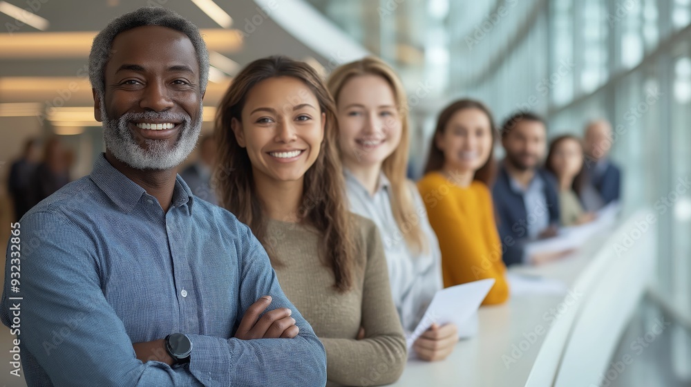 A group of diverse professional workers smiling and posing in a modern office setting, emphasizing teamwork, diversity, and through DEI hiring of multicultural employees A group of diverse professional workers smiling and posing in a modern office setting, emphasizing teamwork, diversity, and through DEI hiring of multicultural employees