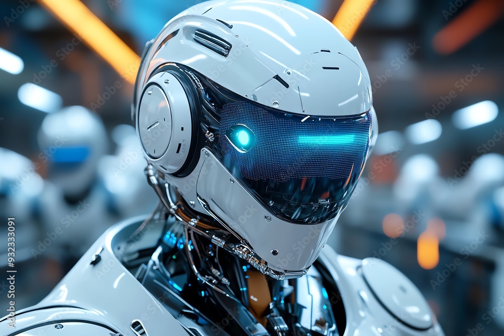 Futuristic robot with glowing blue eyes, showcasing advanced technology in a modern, sleek design. Futuristic robot with glowing blue eyes, showcasing advanced technology in a modern, sleek design.