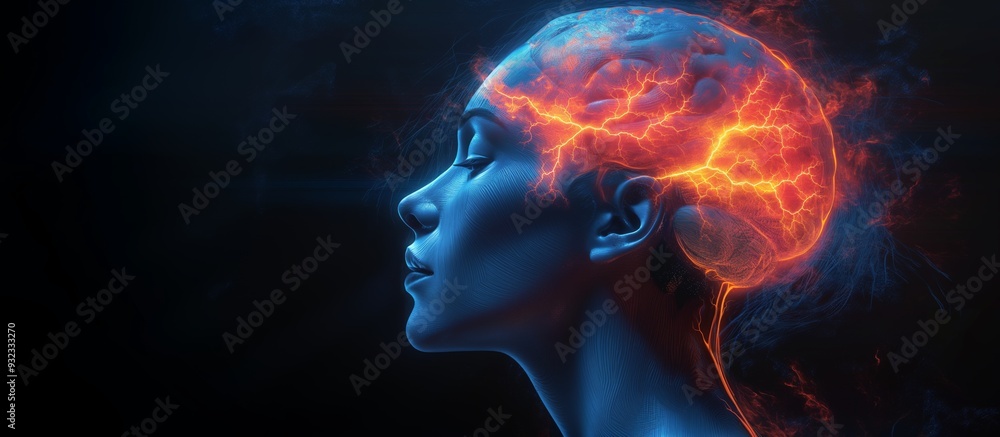 Obraz premium A vibrant conceptual illustration of a woman's head in profile, featuring dynamic patterns and colors, symbolizing the complexity of thoughts, creativity, and cognitive processes in the human mind