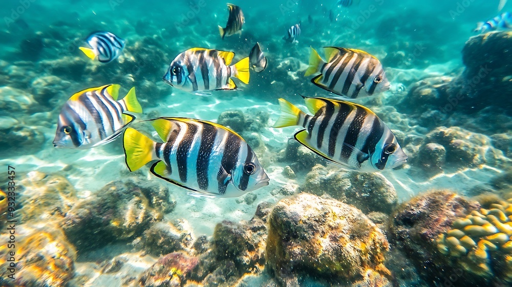 Fototapeta premium Vibrant School of Colorful Fish Swimming in Clear Tropical Ocean Waters